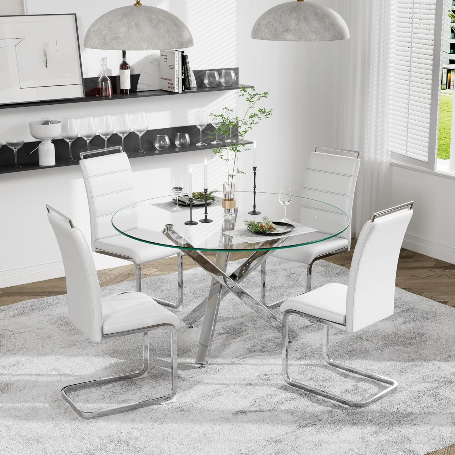 Baysitone 47" Dinette Table Set for 4, Modern Dining Table Set with Round Clear Tempered Glass Kitchen Table & Faux Leather Padded Dining Chairs for Kitchen Dining Room, White with Silver Metal Base