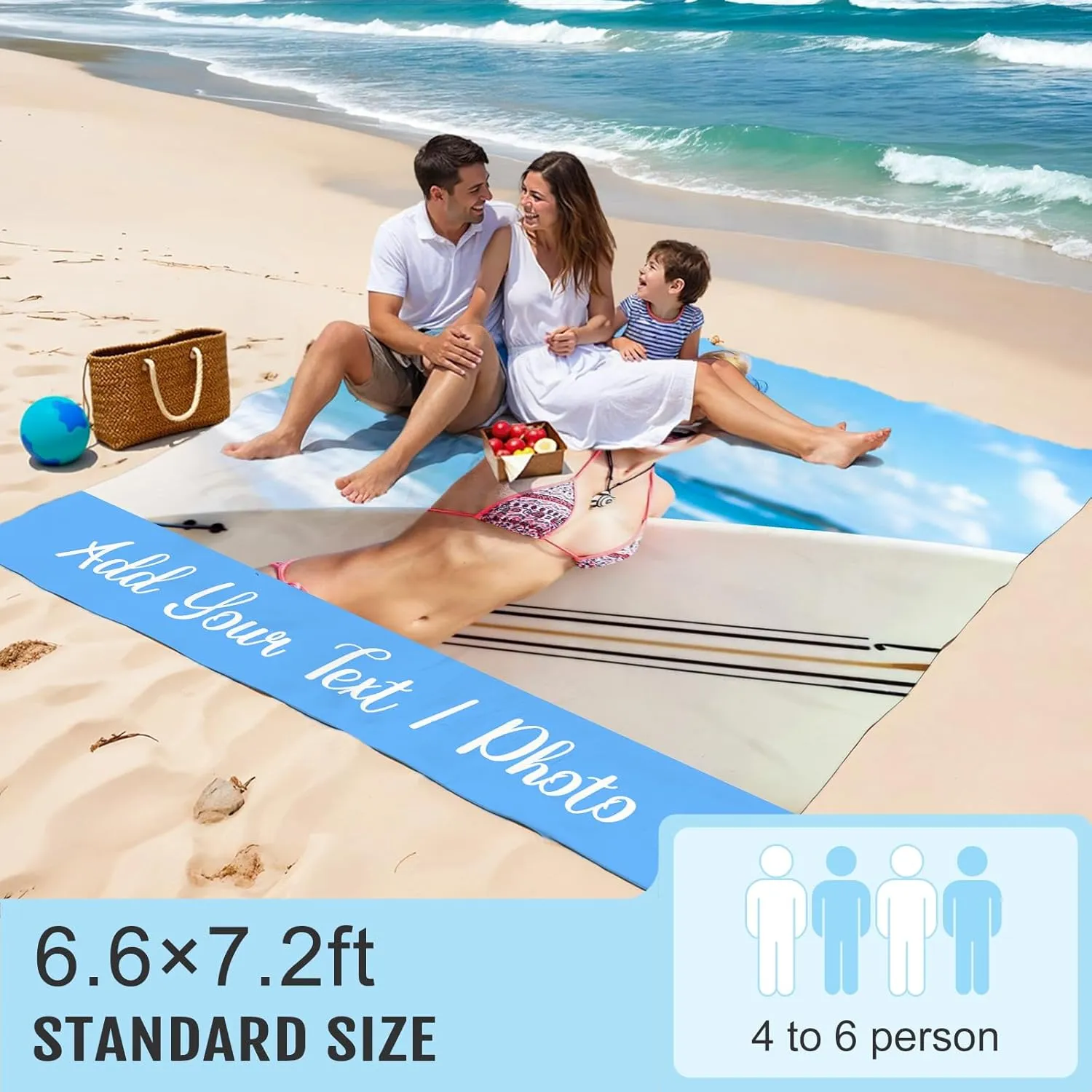 Beach Blanket, Custom Sand Free Beach Mat with Photo, 6.6x7.2ft Standard Quick Drying Waterproof & Sandproof