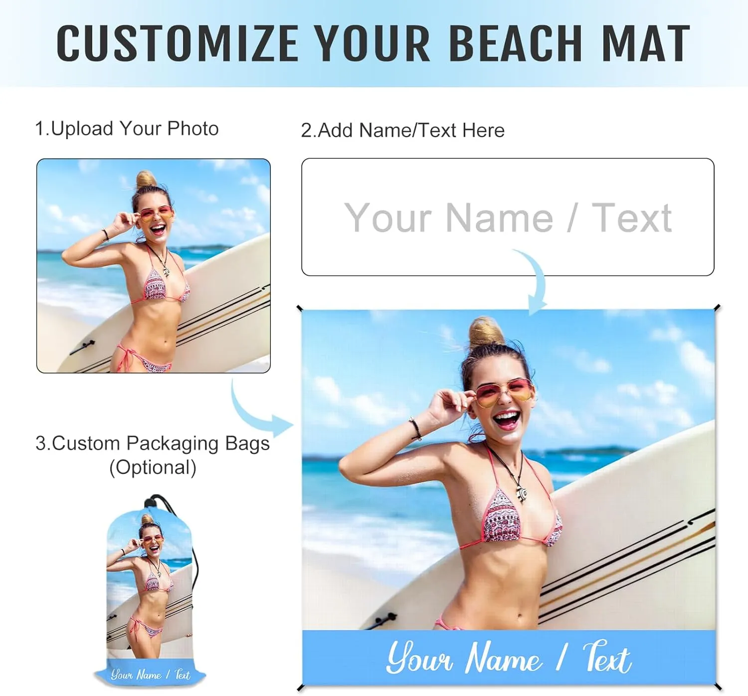 Beach Blanket, Custom Sand Free Beach Mat with Photo, 6.6x7.2ft Standard Quick Drying Waterproof & Sandproof