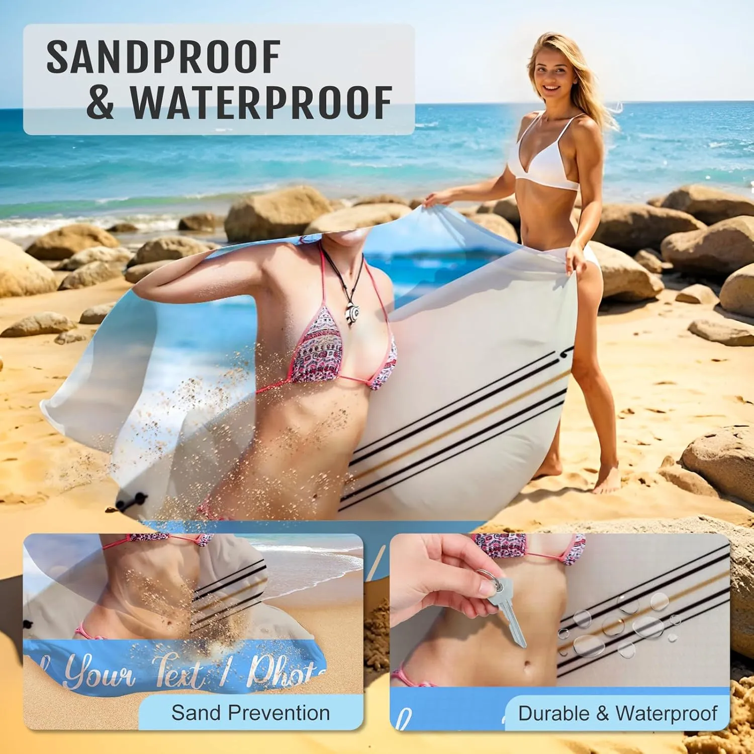 Beach Blanket, Custom Sand Free Beach Mat with Photo, 6.6x7.2ft Standard Quick Drying Waterproof & Sandproof