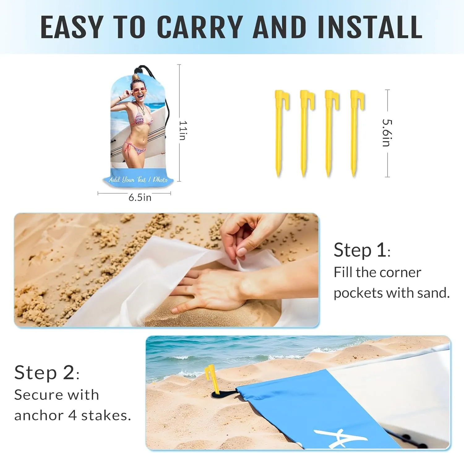 Beach Blanket, Custom Sand Free Beach Mat with Photo, 6.6x7.2ft Standard Quick Drying Waterproof & Sandproof