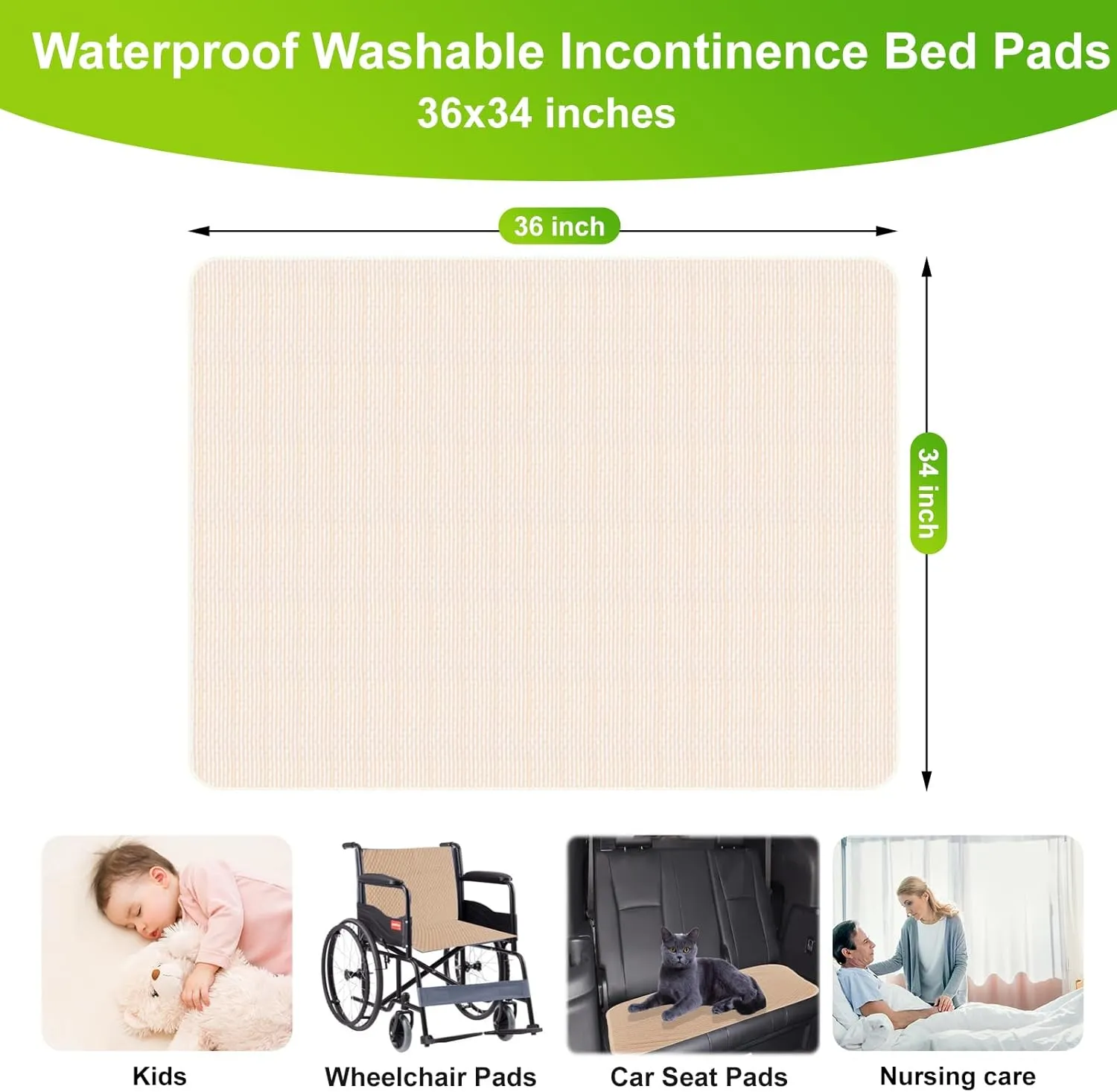 Bed Pads Washable Waterproof 36''x34''x1pack,5 Layer Thicken Cotton Comfort Soft Wheelchair Incontinence Bed Pads,Reusable Anti-Slip Pee Pads for Kids Boys Girls,Beige