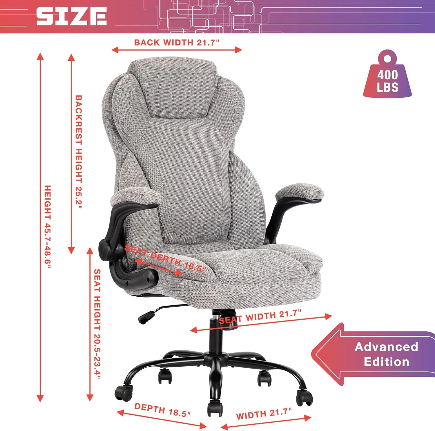 Big and Tall Fabric Office Chair 400lbs-Heavy Duty Executive Desk Chair with Extra Wide Seat, High Back Ergonomic Leather Computer Chair with Tilt Rock&Tension, Padded Armrests-Black