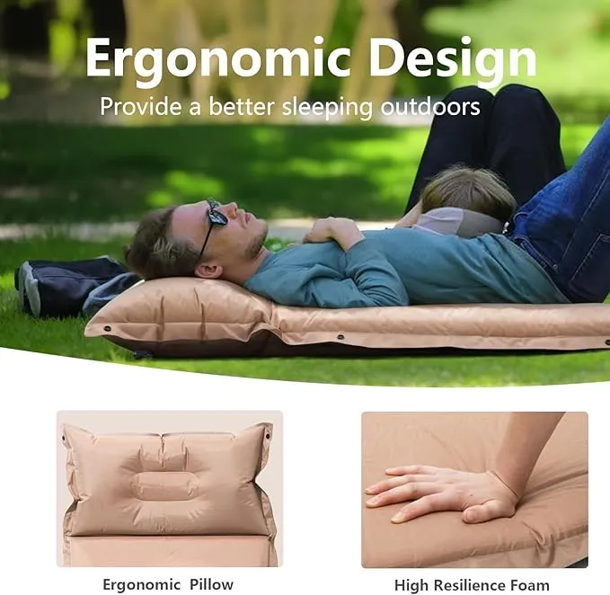 BISINNA Self Inflating Sleeping Pad Thick Foam Sleeping Mattress with Pillow for Camping Lightweight Insulated Sleeping Mat Fast Inflating for Camping Travel Car Tent 1.2inches