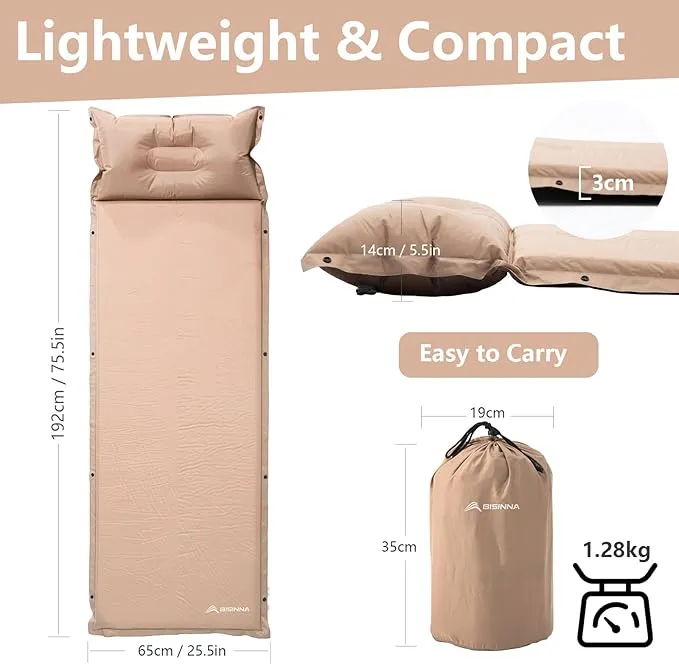 BISINNA Self Inflating Sleeping Pad Thick Foam Sleeping Mattress with Pillow for Camping Lightweight Insulated Sleeping Mat Fast Inflating for Camping Travel Car Tent 1.2inches