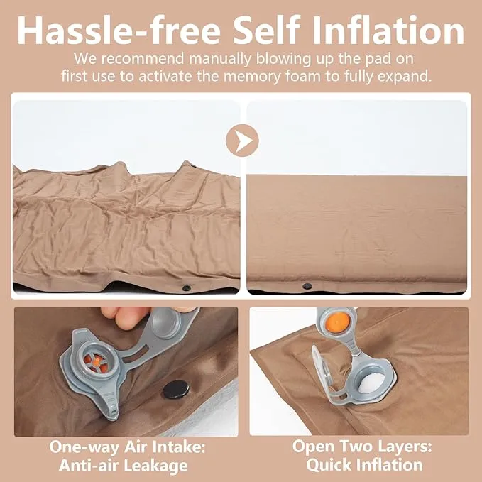 BISINNA Self Inflating Sleeping Pad Thick Foam Sleeping Mattress with Pillow for Camping Lightweight Insulated Sleeping Mat Fast Inflating for Camping Travel Car Tent 1.2inches