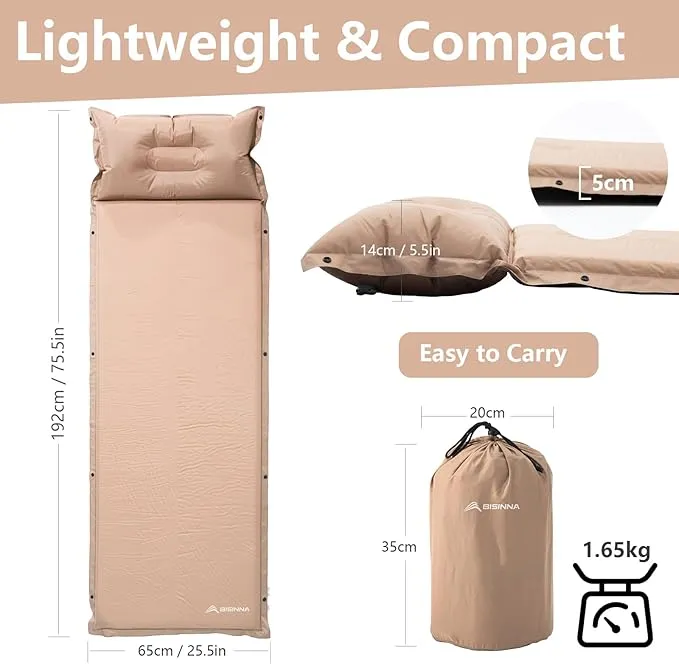 BISINNA Self Inflating Sleeping Pad Thick Foam Sleeping Mattress with Pillow for Camping Lightweight Insulated Sleeping Mat Fast Inflating for Camping Travel Car Tent 2inches