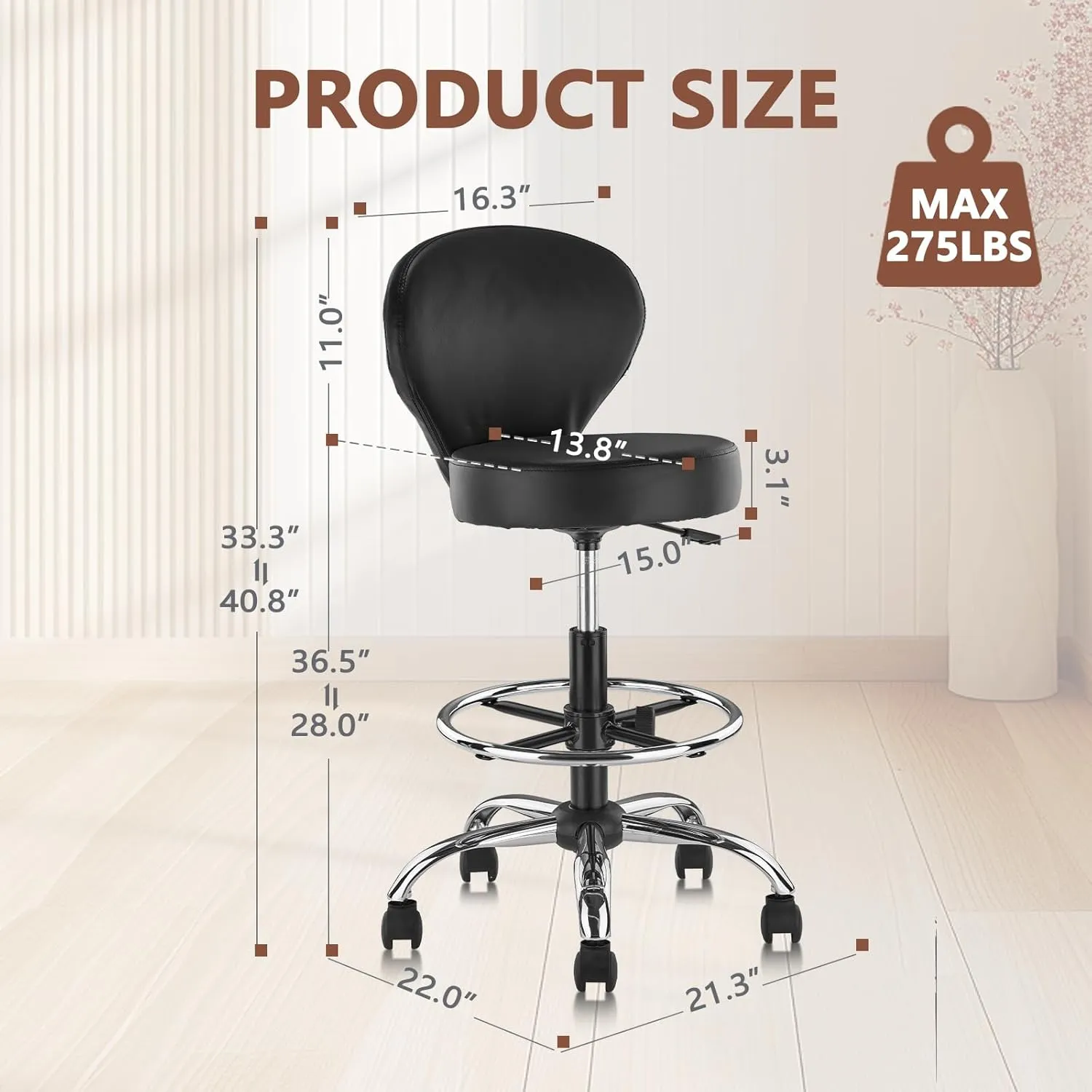 Black PVC Faux Leather Drafting Chair Set of 4 Rolling Swivel Salon Stool with Back Support Foot Rest Adjustable Hydraulic Seat Height for Massage Facial Spa Medical Drafting Tattoo Beauty