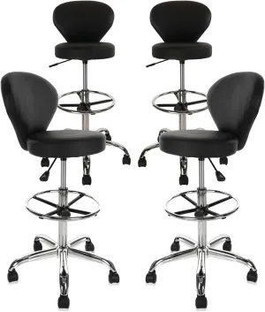 Black PVC Faux Leather Drafting Chair Set of 4 Rolling Swivel Salon Stool with Back Support Foot Rest Adjustable Hydraulic Seat Height for Massage Facial Spa Medical Drafting Tattoo Beauty