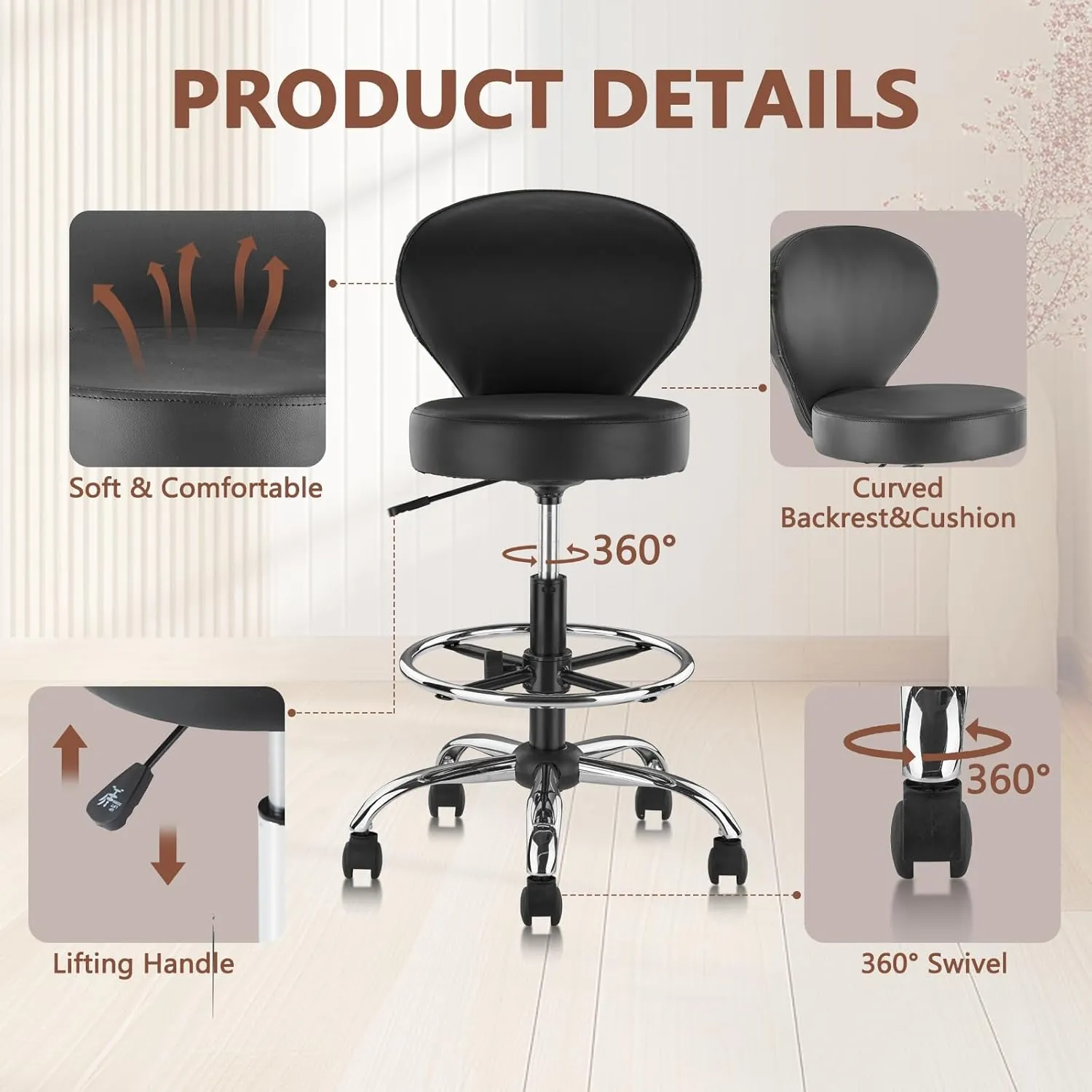 Black PVC Faux Leather Drafting Chair Set of 4 Rolling Swivel Salon Stool with Back Support Foot Rest Adjustable Hydraulic Seat Height for Massage Facial Spa Medical Drafting Tattoo Beauty