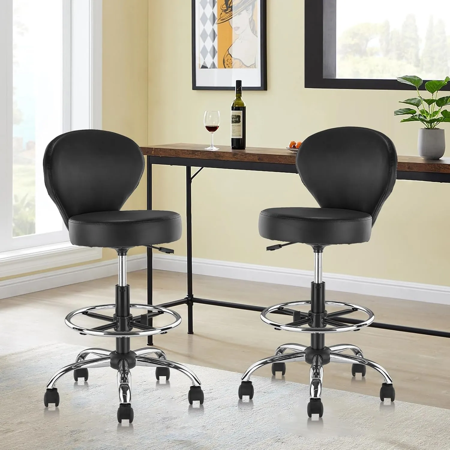 Black PVC Faux Leather Drafting Chair Set of 4 Rolling Swivel Salon Stool with Back Support Foot Rest Adjustable Hydraulic Seat Height for Massage Facial Spa Medical Drafting Tattoo Beauty