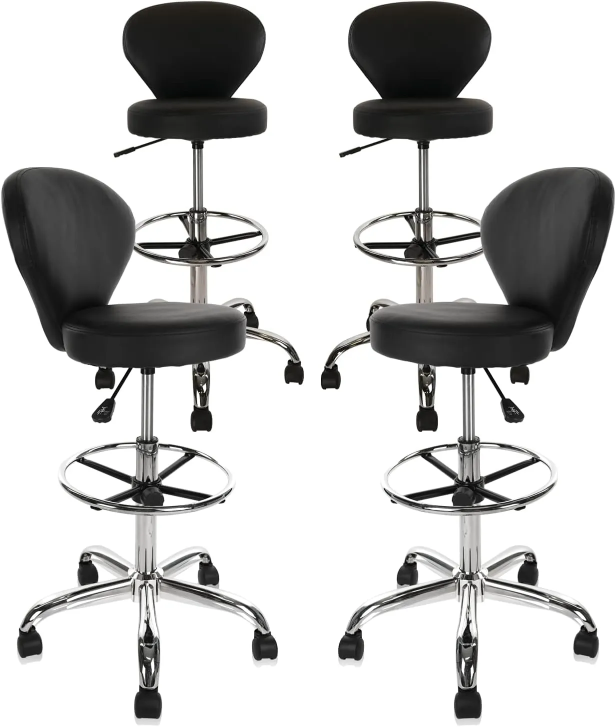 Black PVC Faux Leather Drafting Chair Set of 4 Rolling Swivel Salon Stool with Back Support Foot Rest Adjustable Hydraulic Seat Height for Massage Facial Spa Medical Drafting Tattoo Beauty