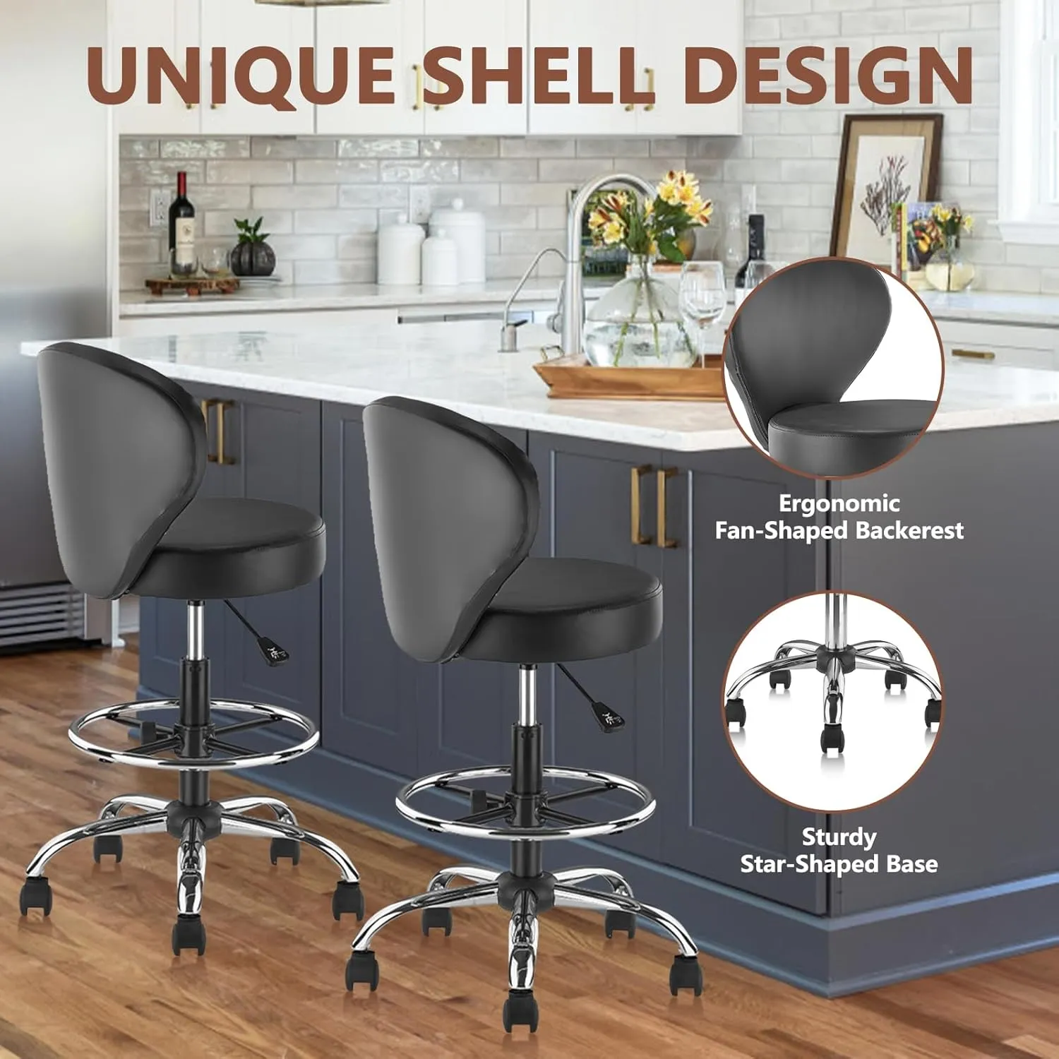 Black PVC Faux Leather Drafting Chair Set of 4 Rolling Swivel Salon Stool with Back Support Foot Rest Adjustable Hydraulic Seat Height for Massage Facial Spa Medical Drafting Tattoo Beauty