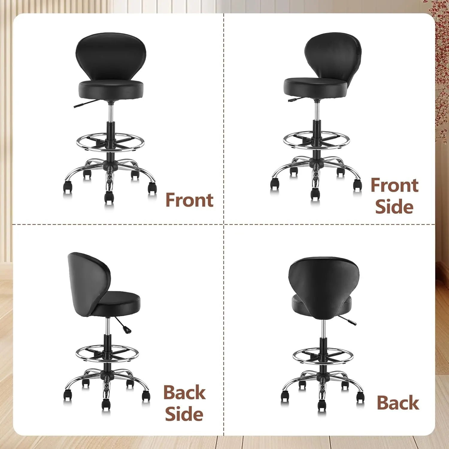 Black PVC Faux Leather Drafting Chair Set of 4 Rolling Swivel Salon Stool with Back Support Foot Rest Adjustable Hydraulic Seat Height for Massage Facial Spa Medical Drafting Tattoo Beauty