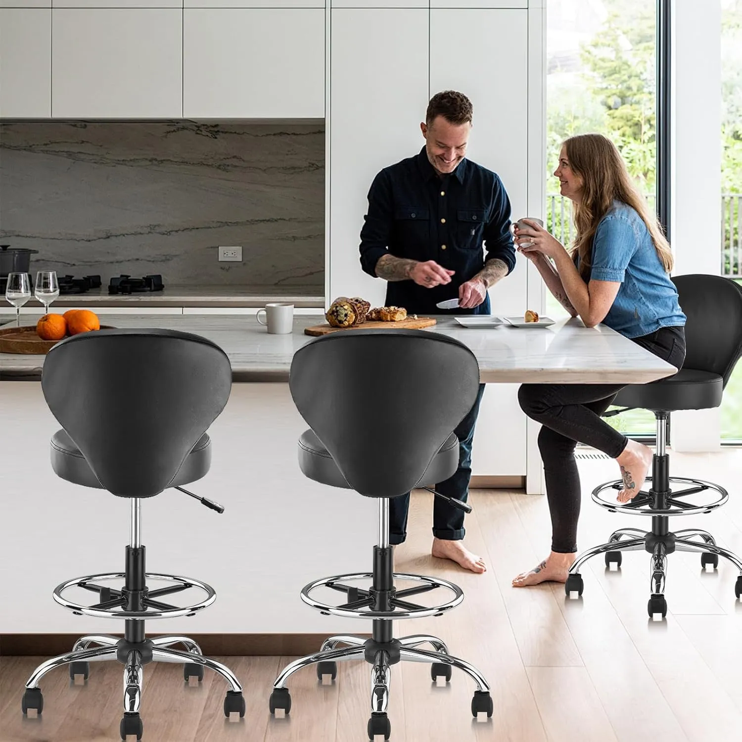 Black PVC Faux Leather Drafting Chair Set of 4 Rolling Swivel Salon Stool with Back Support Foot Rest Adjustable Hydraulic Seat Height for Massage Facial Spa Medical Drafting Tattoo Beauty