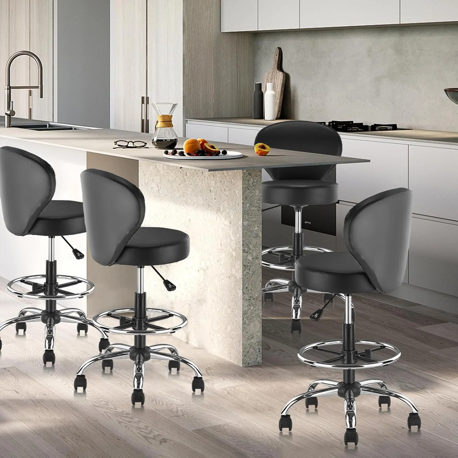 Black PVC Faux Leather Drafting Chair Set of 4 Rolling Swivel Salon Stool with Back Support Foot Rest Adjustable Hydraulic Seat Height for Massage Facial Spa Medical Drafting Tattoo Beauty