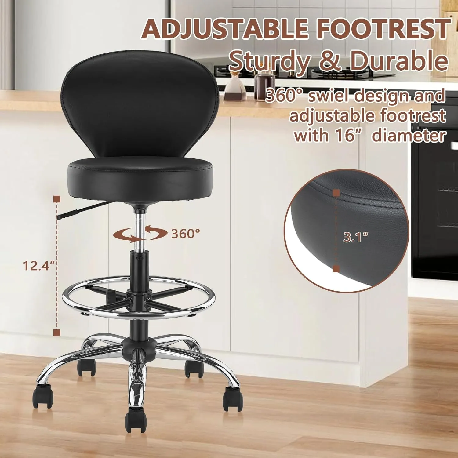 Black PVC Faux Leather Drafting Chair Set of 4 Rolling Swivel Salon Stool with Back Support Foot Rest Adjustable Hydraulic Seat Height for Massage Facial Spa Medical Drafting Tattoo Beauty