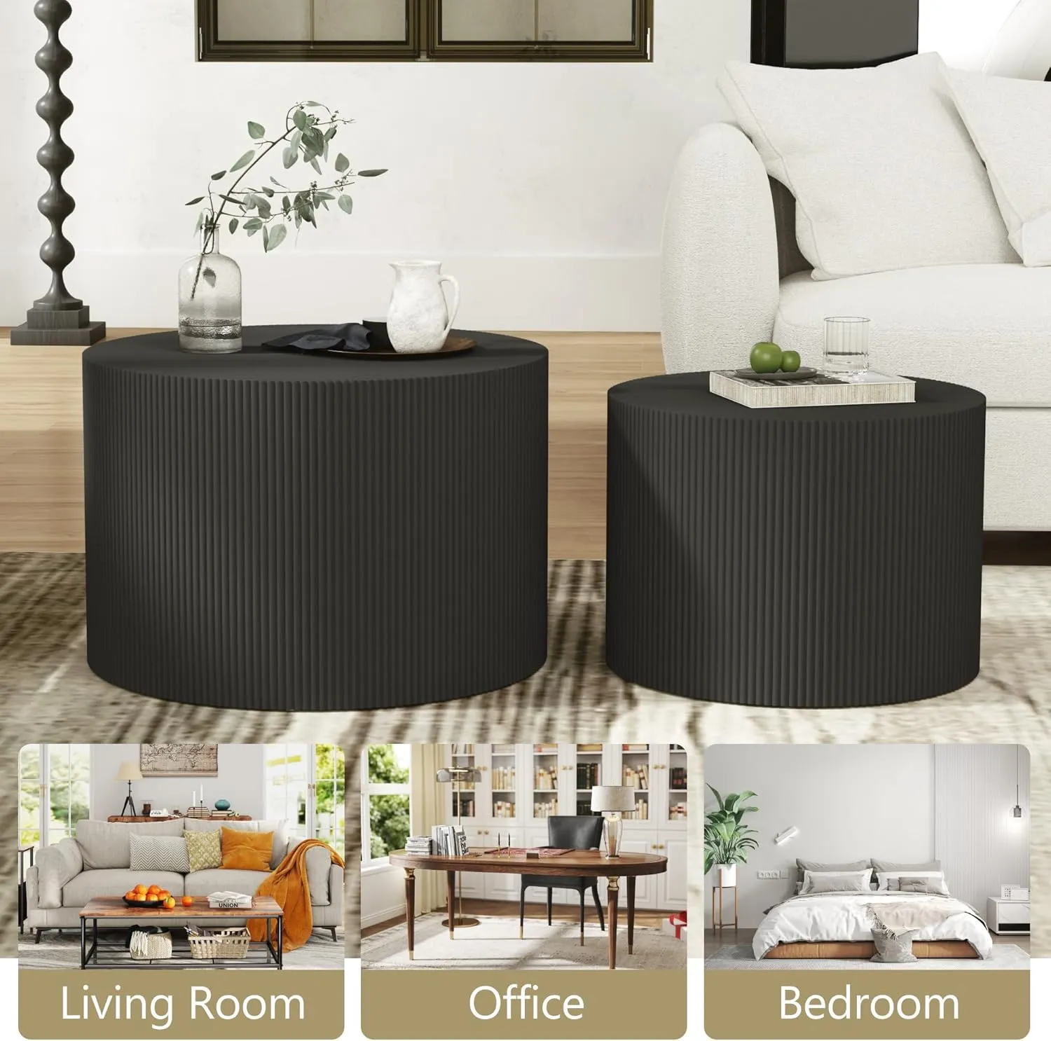 Black Round Coffee Table Set of 2, Modern Wooden Nesting Coffee Tables for Living Room, No Assembly Required Circle Side Tables Set Accent End Table for Bedroom, Balcony