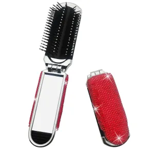 Bling Travel Folding Hair Brush with Mirror and Rhinestones - Compact Collapsible Brush for Women (Red)