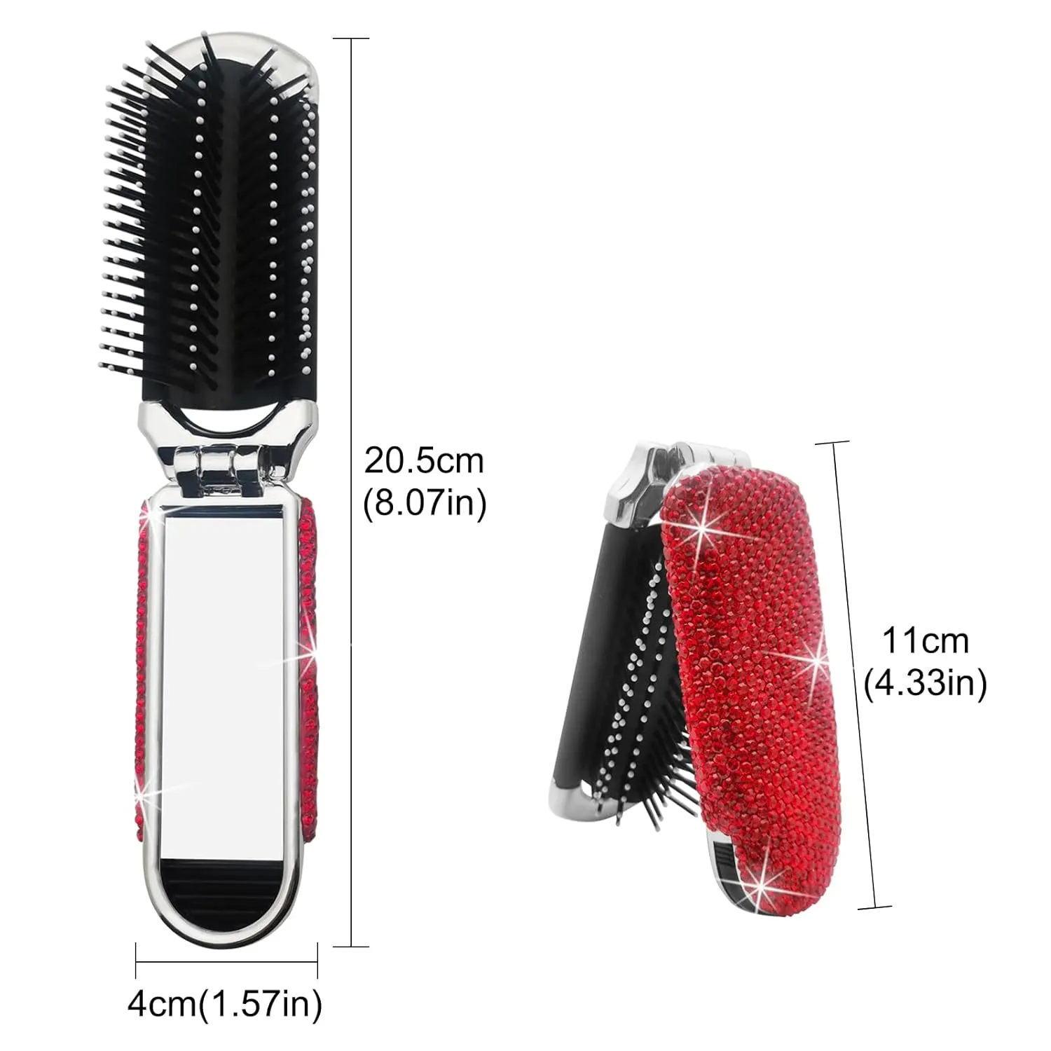 Bling Travel Folding Hair Brush with Mirror and Rhinestones - Compact Collapsible Brush for Women (Red)