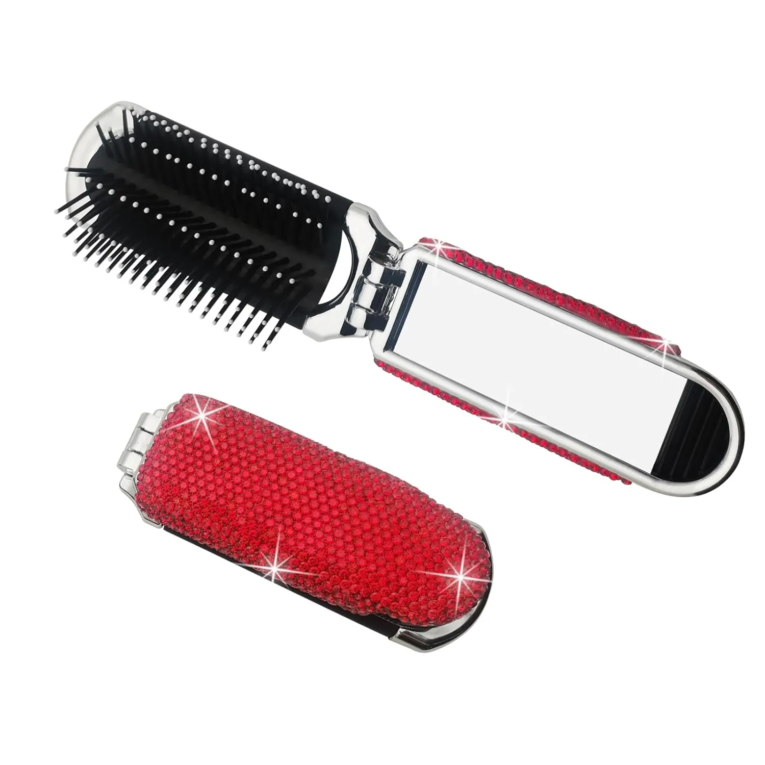 Bling Travel Folding Hair Brush with Mirror and Rhinestones - Compact Collapsible Brush for Women (Red)