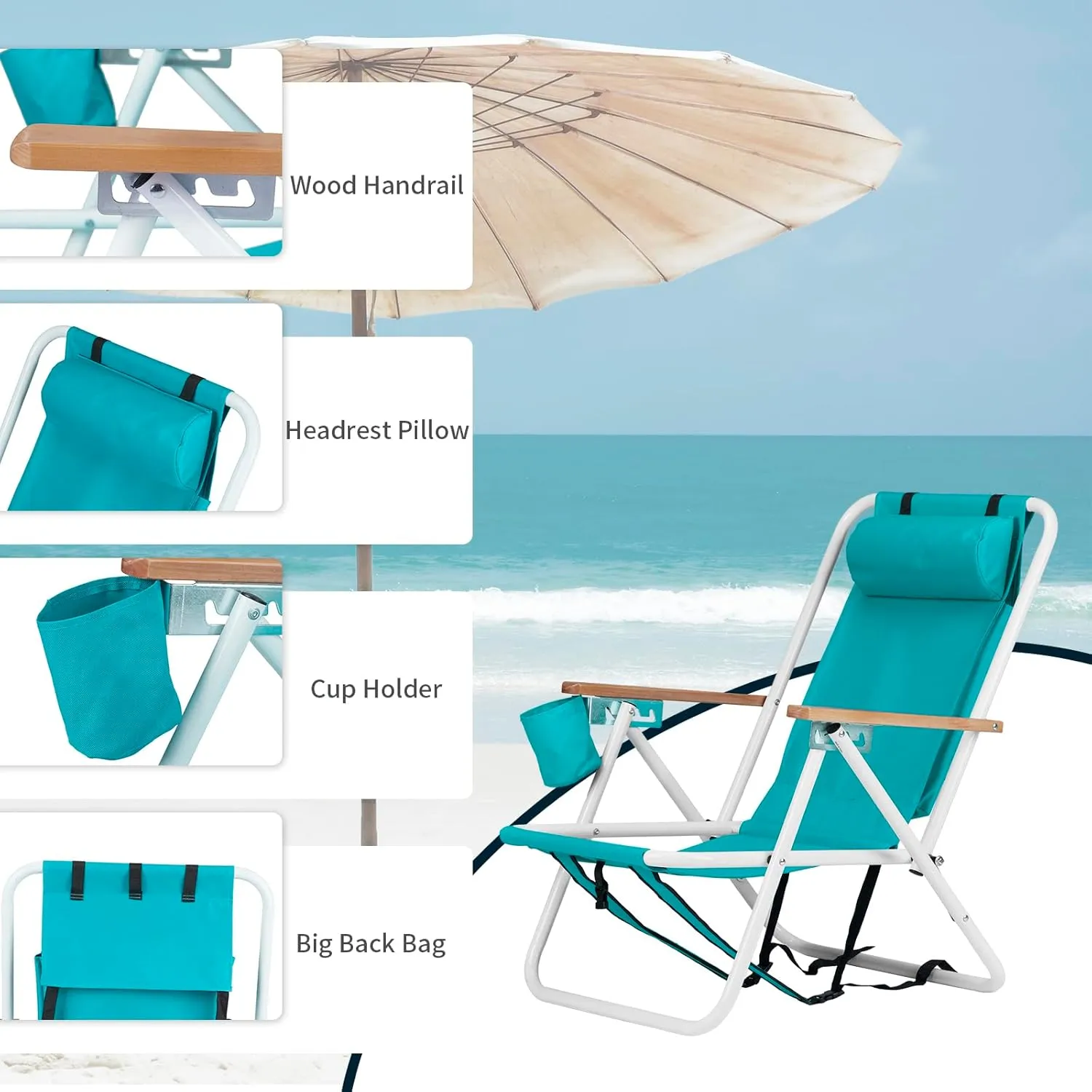 Bonnlo Foldable Backpack Carry Camping Chair with Cup Holder, Portable 4-Position Reclining Heavy-Duty Supports 265 lbs (120 kg) for Beach Lawn Concert Fishing Cool Mint Green