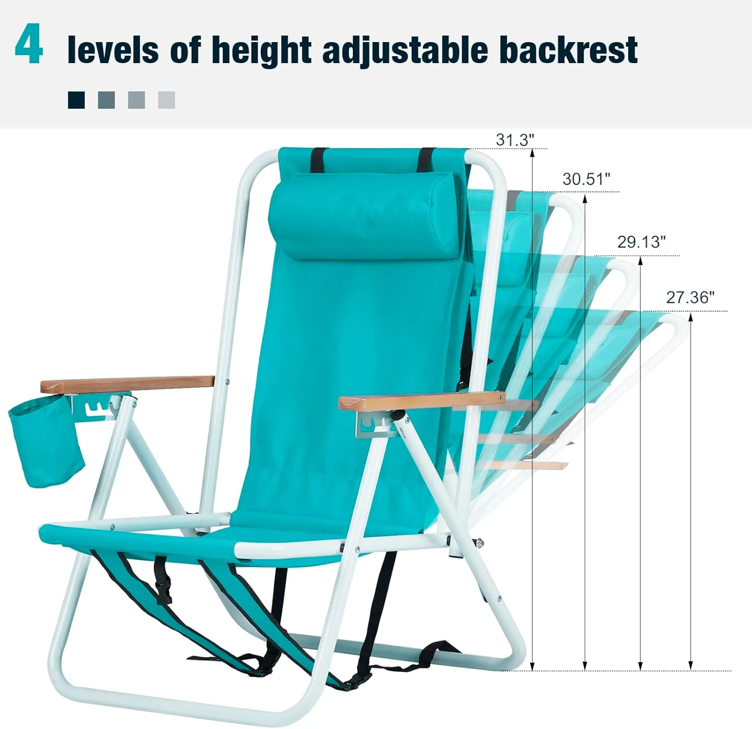 Bonnlo Foldable Backpack Carry Camping Chair with Cup Holder, Portable 4-Position Reclining Heavy-Duty Supports 265 lbs (120 kg) for Beach Lawn Concert Fishing Cool Mint Green
