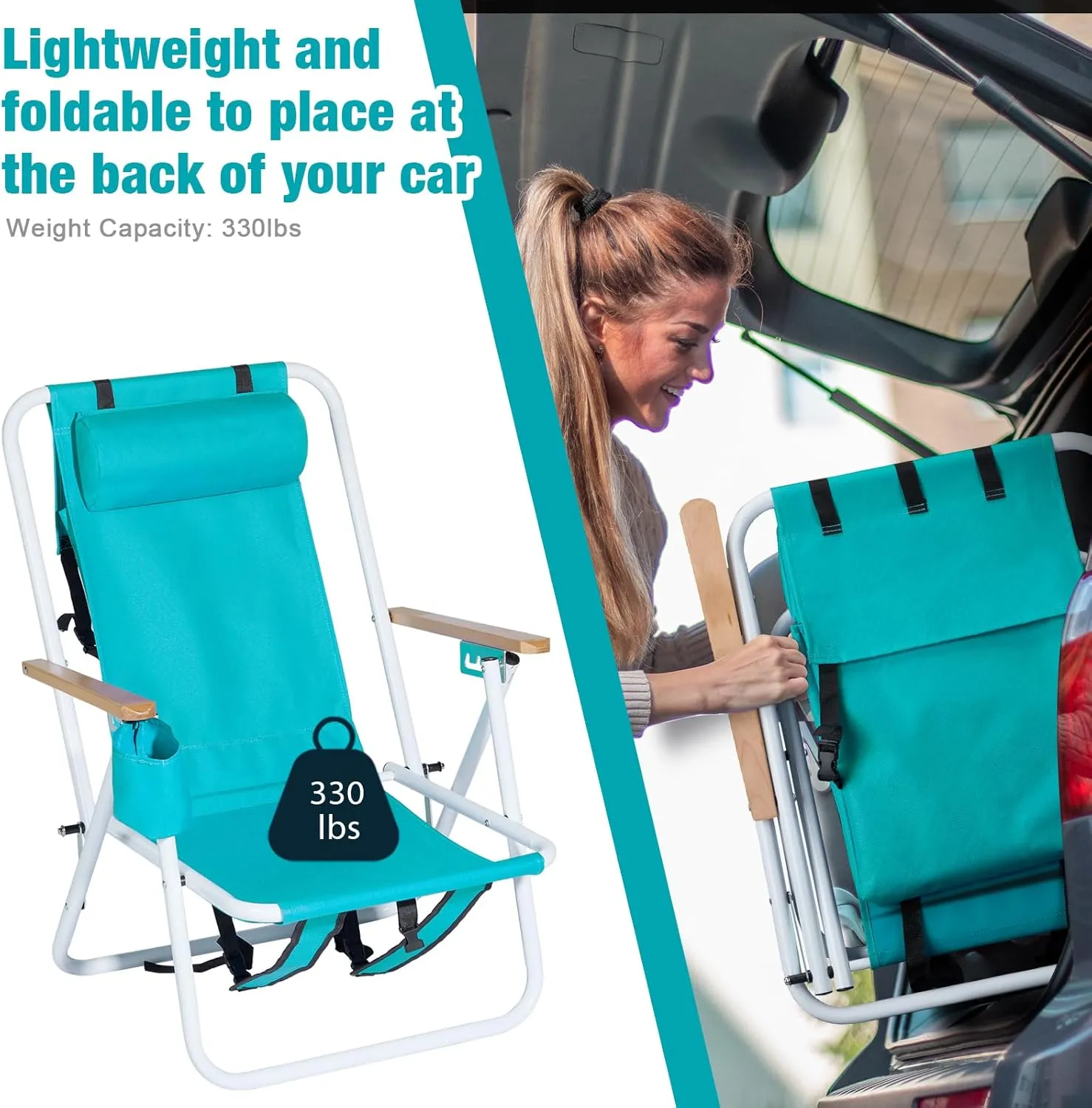 Bonnlo Foldable Backpack Carry Camping Chair with Cup Holder, Portable 4-Position Reclining Heavy-Duty Supports 265 lbs (120 kg) for Beach Lawn Concert Fishing Cool Mint Green