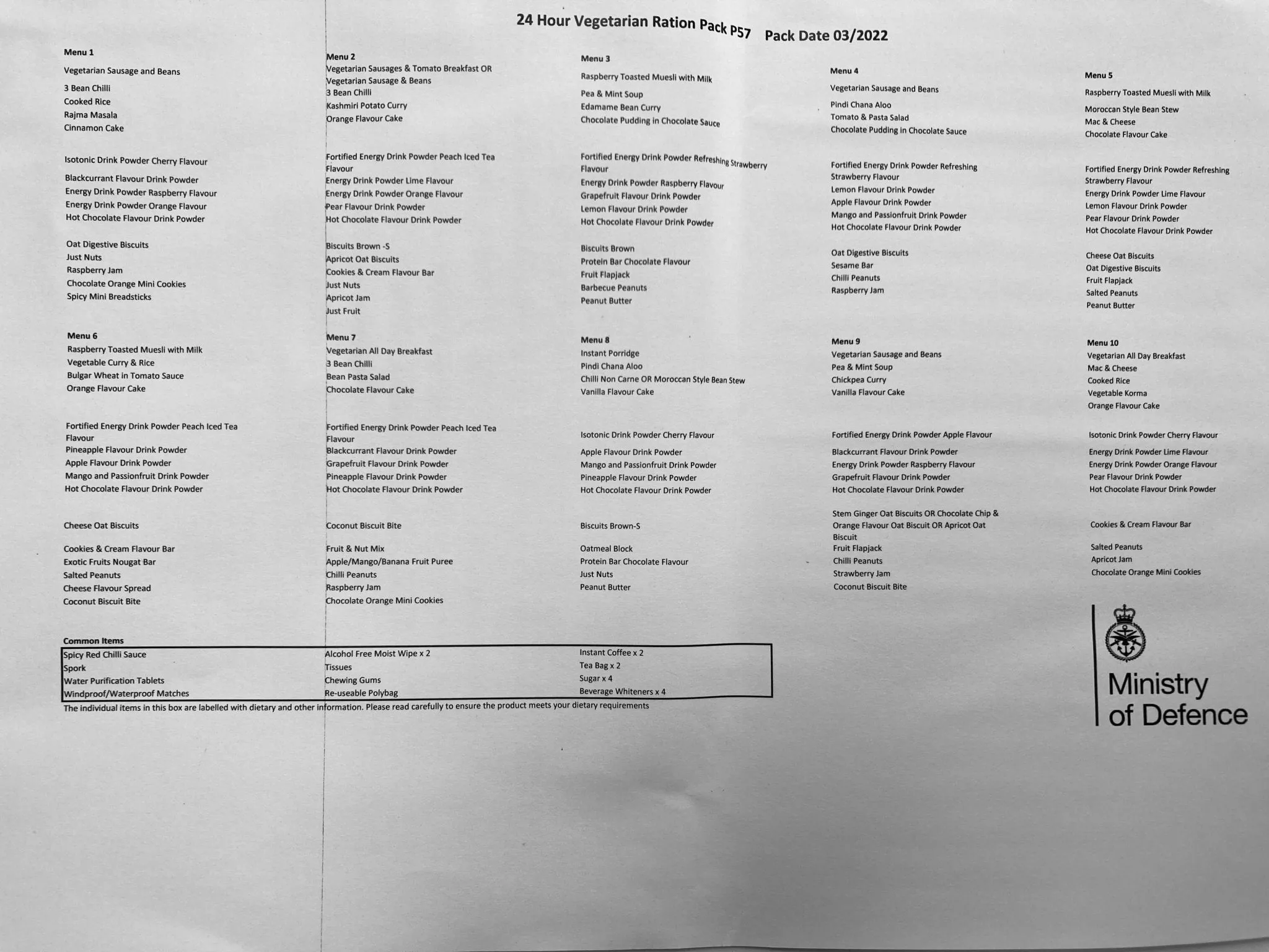 British Army 24 Hr Rations Menus 1 to 10 Vegetarian