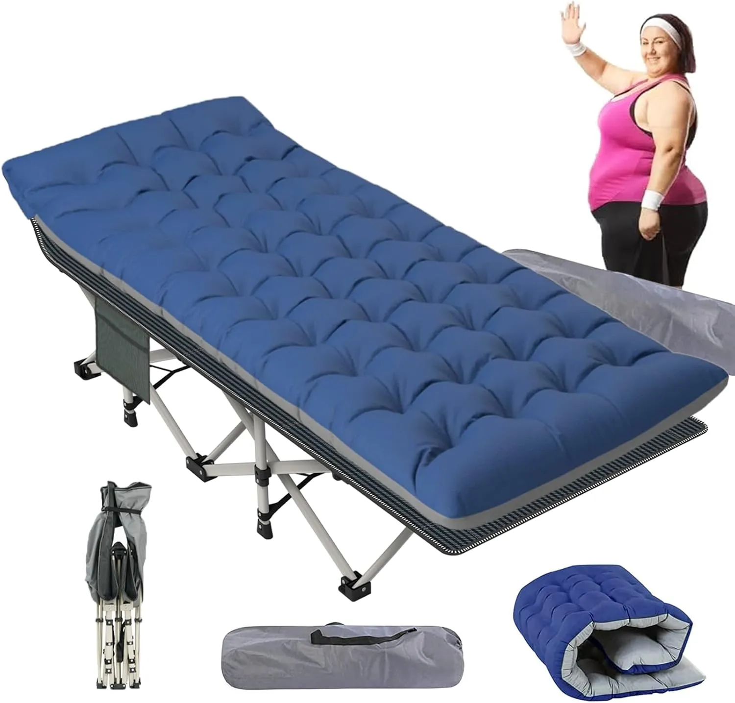 Camping Cots for Adults, Heavy Duty Folding Bed with Mattress Indoor, Portable Travel Cot Bed for Sleeping Outdoor, Supports 500 lbs, Ideal for Camp, Beach, Patio, Office
