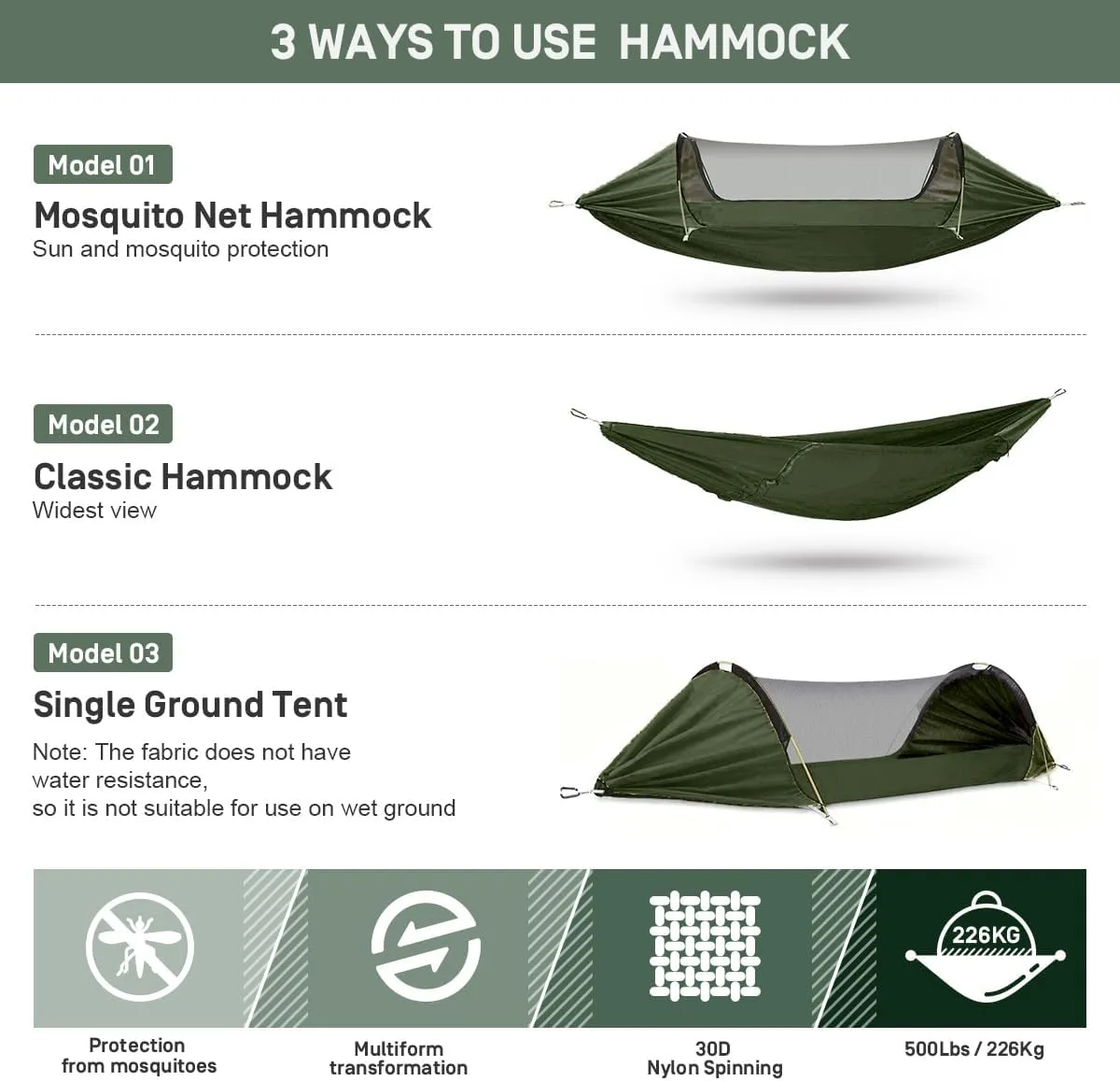 Camping Hammock with Mosquito Net,3 in 1 Function Parachute Portable Hammock,Double & Single Hammocks Tent for Travel Outdoor Indoor Hiking Patio - with Tree ​Straps,Carabiners,Aluminium Poles