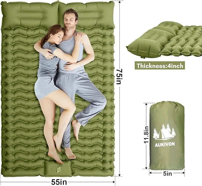 Camping Sleeping Pad with Mini Electric Pump Self Inflating Sleeping Pad 4'' Extra Thickness Full Size Double Sleeping Pad for Camping 2 Person,45s Fast Inflation, Camping Mattress Pad,Green