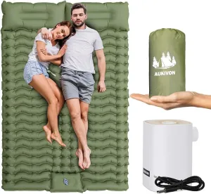 Camping Sleeping Pad with Mini Electric Pump Self Inflating Sleeping Pad 4'' Extra Thickness Full Size Double Sleeping Pad for Camping 2 Person,45s Fast Inflation, Camping Mattress Pad,Green