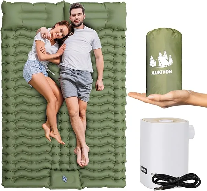 Camping Sleeping Pad with Mini Electric Pump Self Inflating Sleeping Pad 4'' Extra Thickness Full Size Double Sleeping Pad for Camping 2 Person,45s Fast Inflation, Camping Mattress Pad,Green