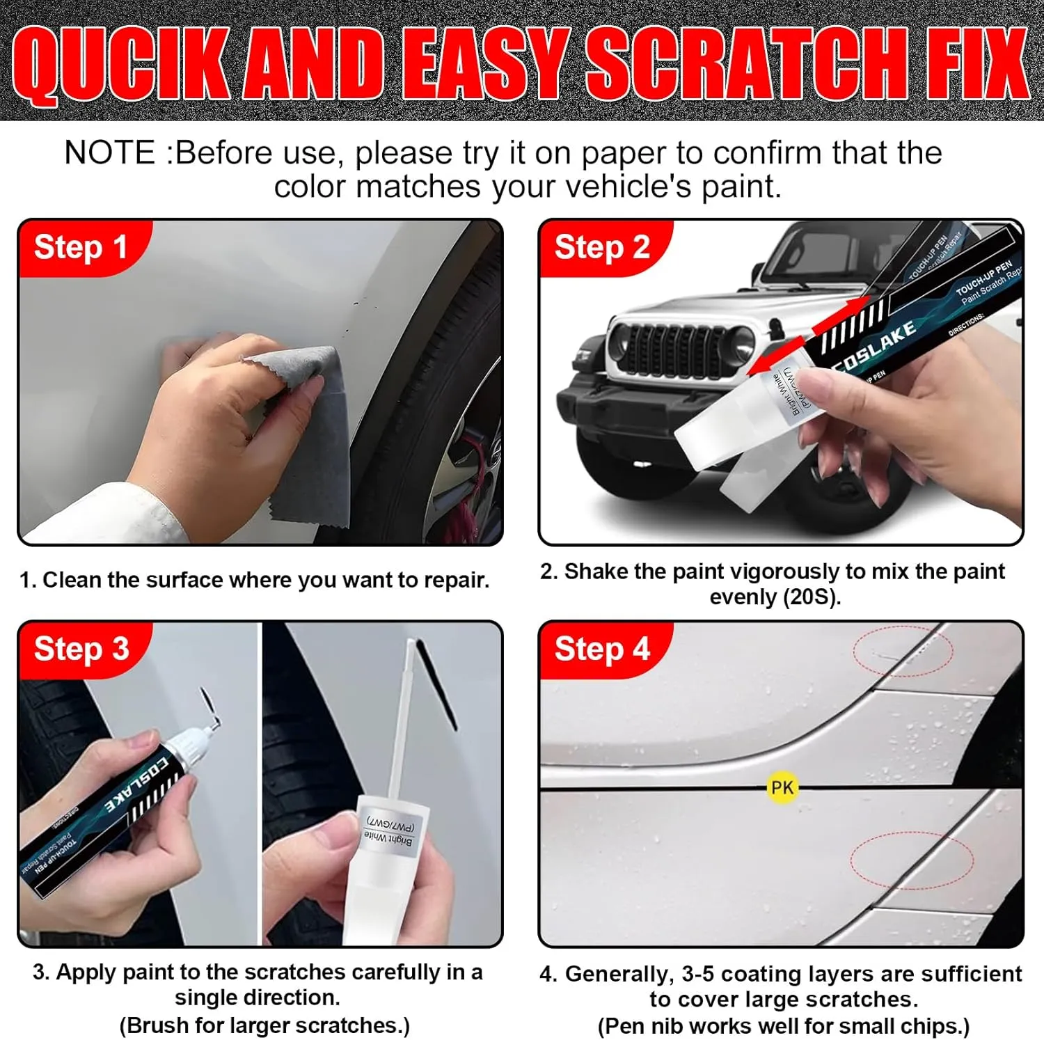 Car Touch Up Paint(Black(PX8)) for Jeep, Car Paint Scratch Repair Kit, Quick & Easy Solution to Repair, 2 in 1 Scratch Remover Pen with Color-Matched