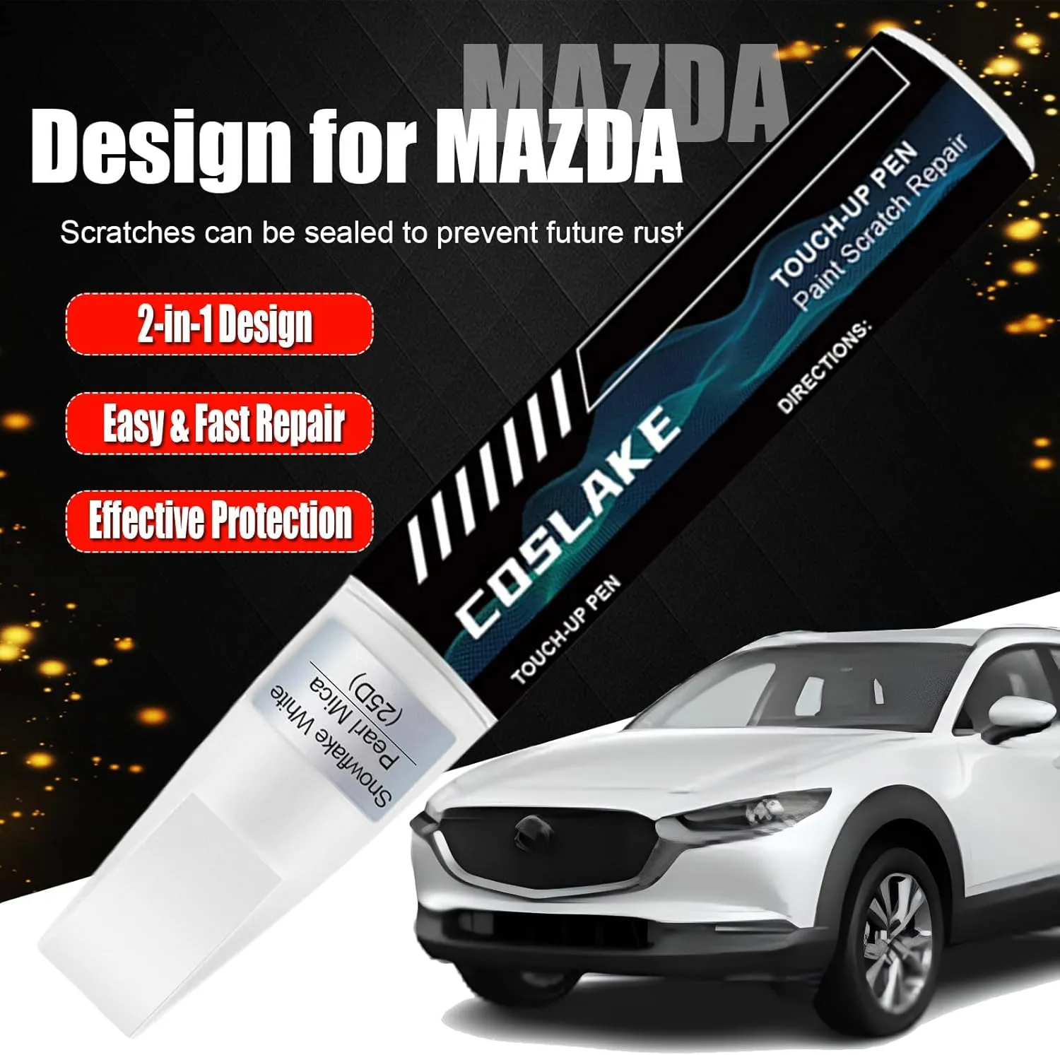 Car Touch Up Paint(Jet Black Mica(41W)) for Mazda, Car Paint Scratch Repair Kit, Quick & Easy Solution to Repair, 2 in 1 Scratch Remover Pen with Color-Matched
