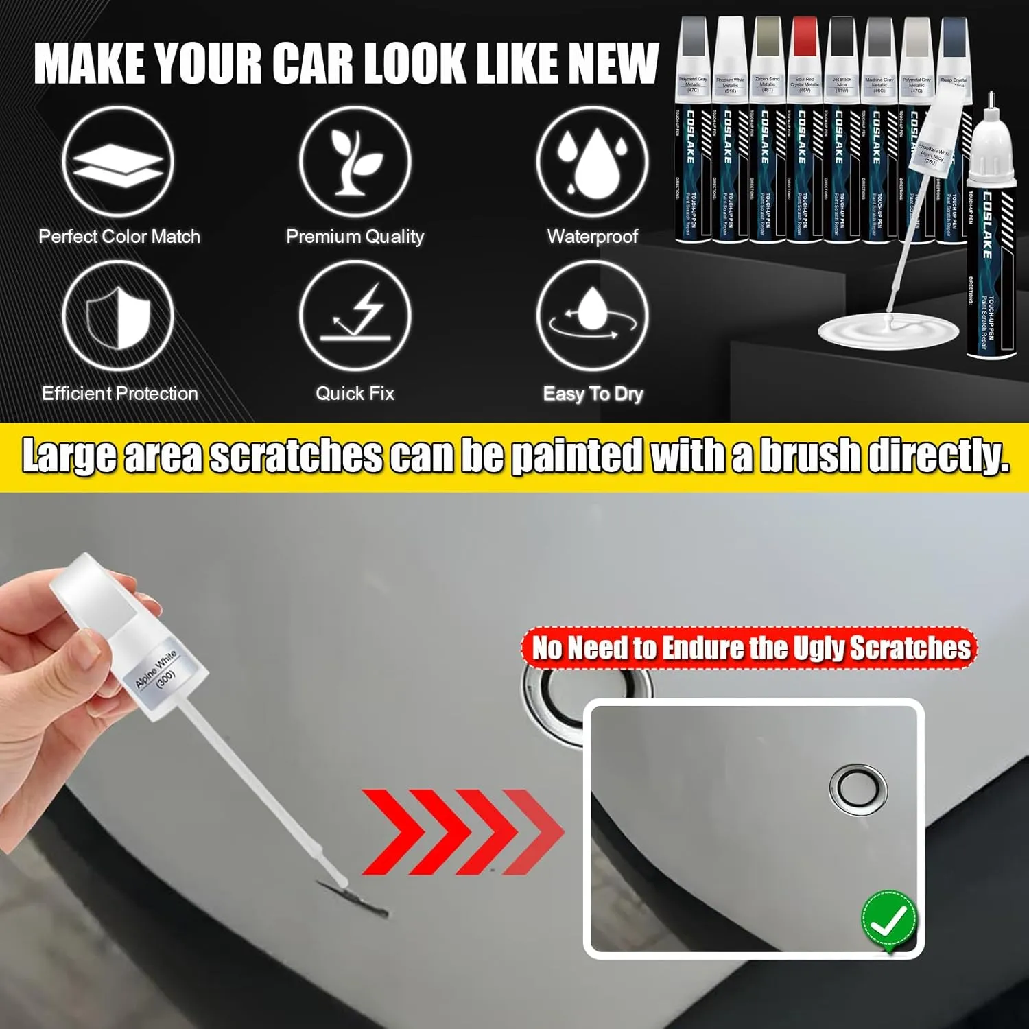Car Touch Up Paint(Jet Black Mica(41W)) for Mazda, Car Paint Scratch Repair Kit, Quick & Easy Solution to Repair, 2 in 1 Scratch Remover Pen with Color-Matched