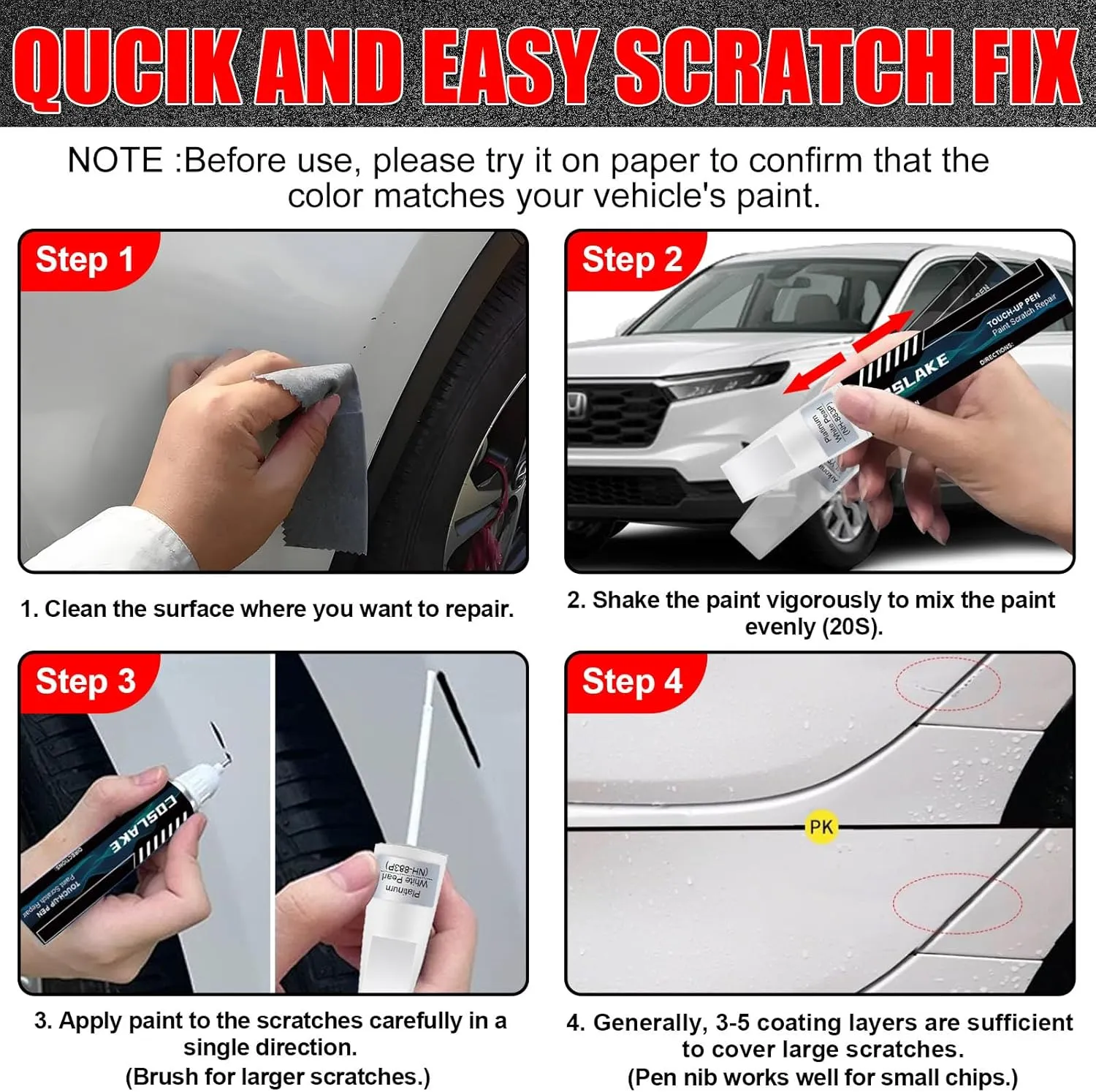 Car Touch Up Paint(Platinum White Pearl(NH-883P)) for Honda, Car Paint Scratch Repair Kit, Quick & Easy Solution to Repair, 2 in 1 Scratch Remover Pen with Color-Matched