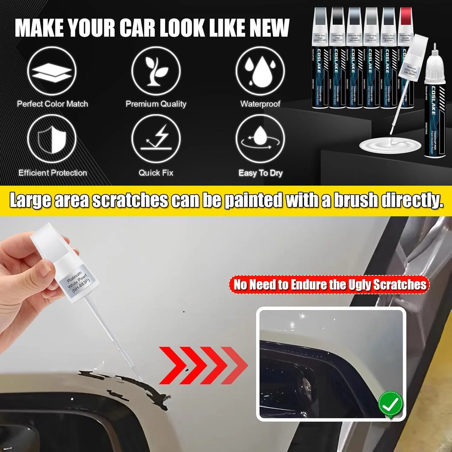 Car Touch Up Paint(Platinum White Pearl(NH-883P)) for Honda, Car Paint Scratch Repair Kit, Quick & Easy Solution to Repair, 2 in 1 Scratch Remover Pen with Color-Matched