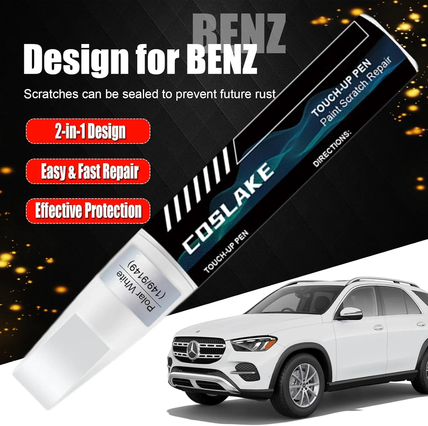 Car Touch Up Paint(Polar White(149/9149)) for Mercedes-Benz, Car Paint Scratch Repair Kit, Quick & Easy Solution to Repair, 2 in 1 Scratch Remover Pen with Color-Matched