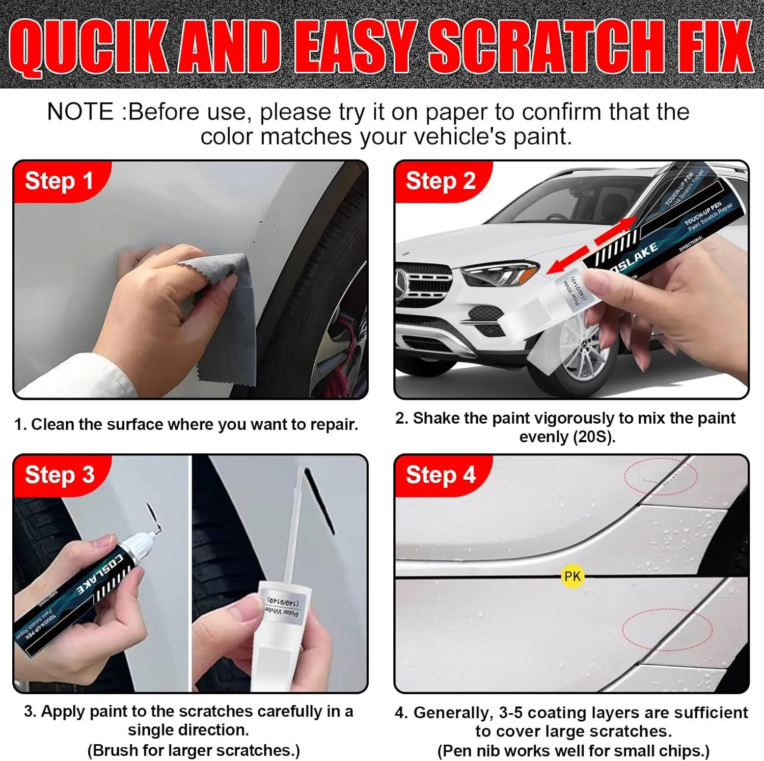 Car Touch Up Paint(Polar White(149/9149)) for Mercedes-Benz, Car Paint Scratch Repair Kit, Quick & Easy Solution to Repair, 2 in 1 Scratch Remover Pen with Color-Matched