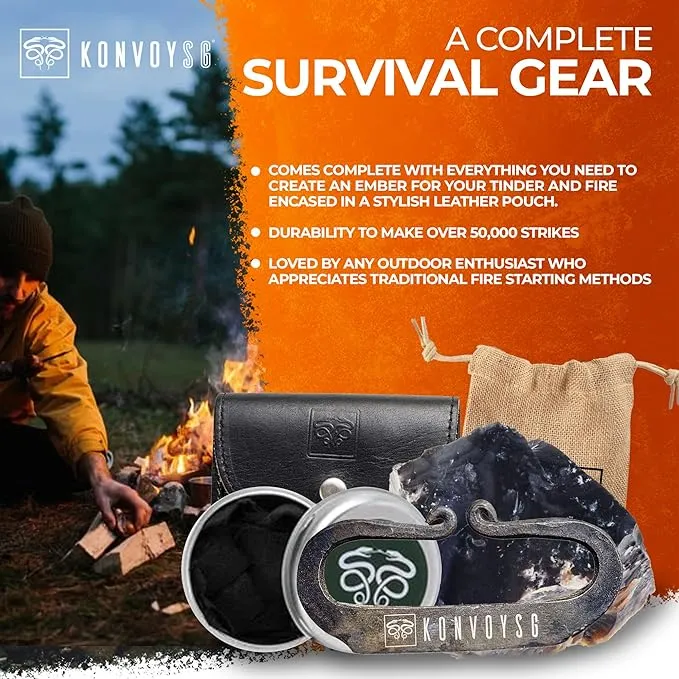 Carbon Steel Fire Striker, English Flint Stone & Char cloth Traditional Hand Forged Fire Starter, Leather Gift Kit with Emergency Tinder Jute Bag