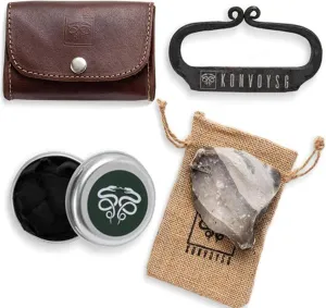 Carbon Steel Fire Striker, English Flint Stone & Char Cloth Traditional Hand Forged Fire Starter, Leather Gift Kit with Emergency Tinder Jute Bag