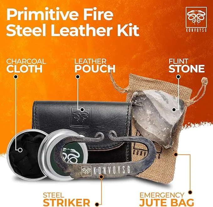 Carbon Steel Fire Striker, English Flint Stone & Char cloth Traditional Hand Forged Fire Starter, Leather Gift Kit with Emergency Tinder Jute Bag