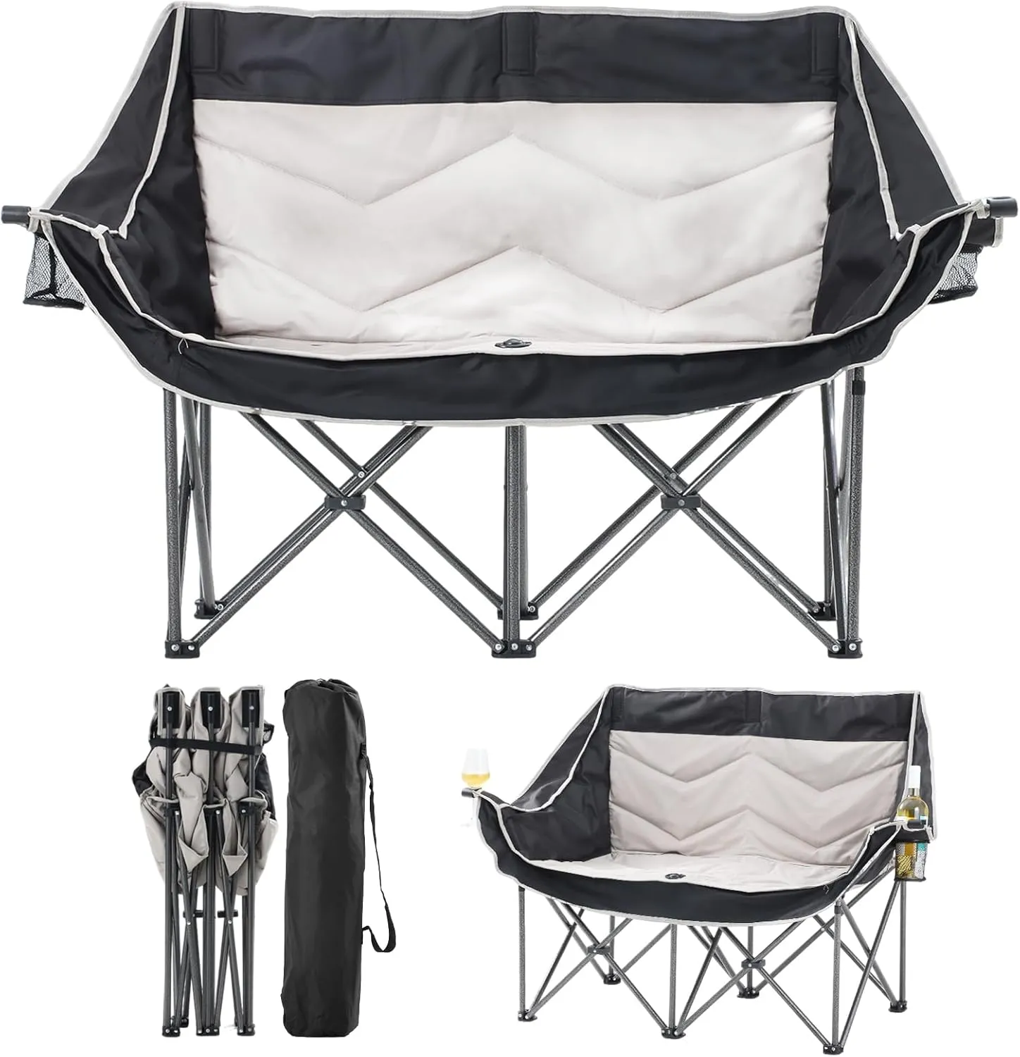 CDEN Padded Loveseat, Double Camping Chair, Camping Couch, with Cup Holder, Side Bag, Wine Holder, Carry Bag, Foldable, for Picnic, Outdoors, Travel (Black&Gray
