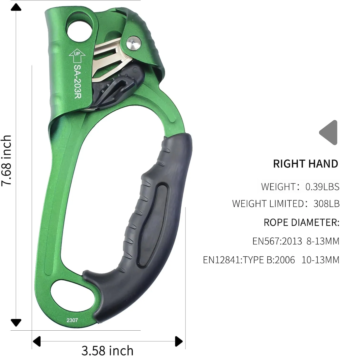 CE Hand Ascender,140kgs Rappelling Gear Equipment with Ergonomic Rubber Handle for Rock Climbing Tree Arborist, Climbing Rescue Caving, Mountaineering, 8~13MM Rope, 4kN,Right/Left Hand