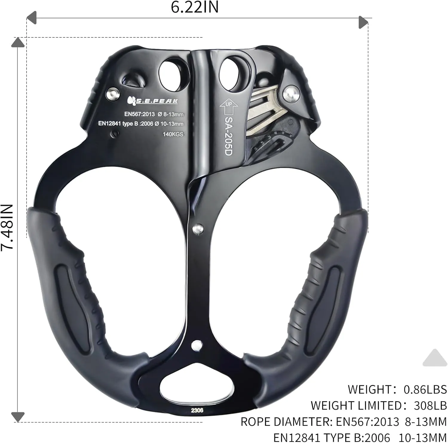 CE Hand Ascender,140kgs Rappelling Gear Equipment with Ergonomic Rubber Handle for Rock Climbing Tree Arborist, Climbing Rescue Caving, Mountaineering, 8~13MM Rope, 4kN,Right/Left Hand