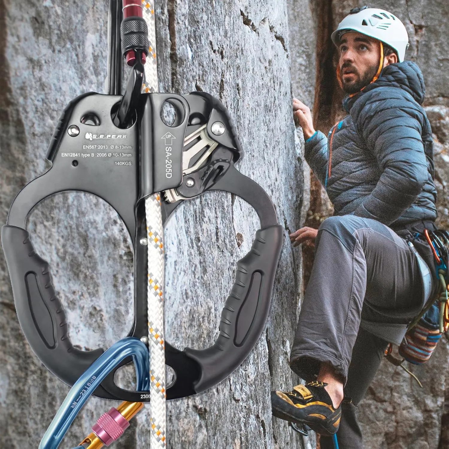 CE Hand Ascender,140kgs Rappelling Gear Equipment with Ergonomic Rubber Handle for Rock Climbing Tree Arborist, Climbing Rescue Caving, Mountaineering, 8~13MM Rope, 4kN,Right/Left Hand