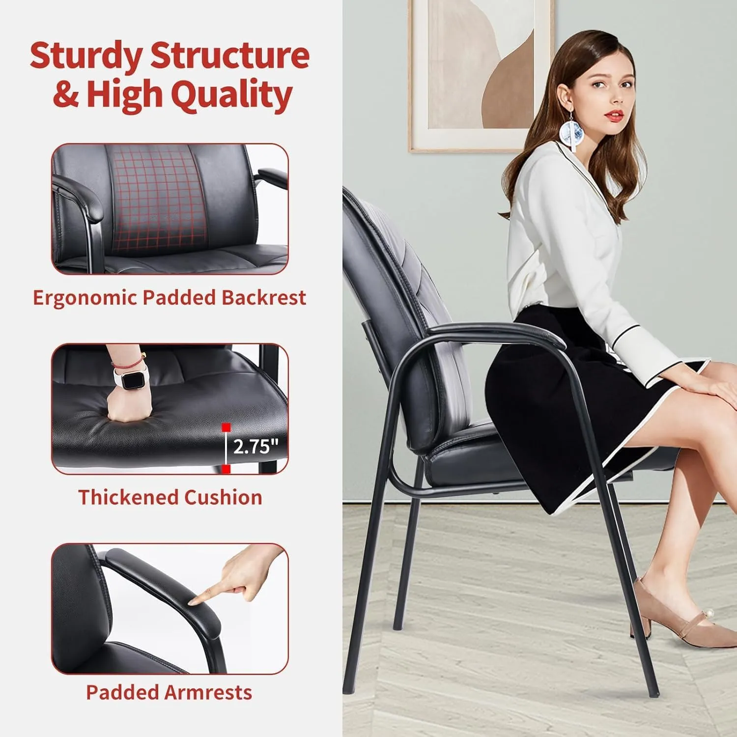 CLATINA Big Tall Wide Office Guest Chair Heavy Duty 500lbs Leather Comfy Side Reception Chairs with Arms No Wheels, Executive Bariatric Lobby Chair for Meeting Conference Waiting Room Stationary Black