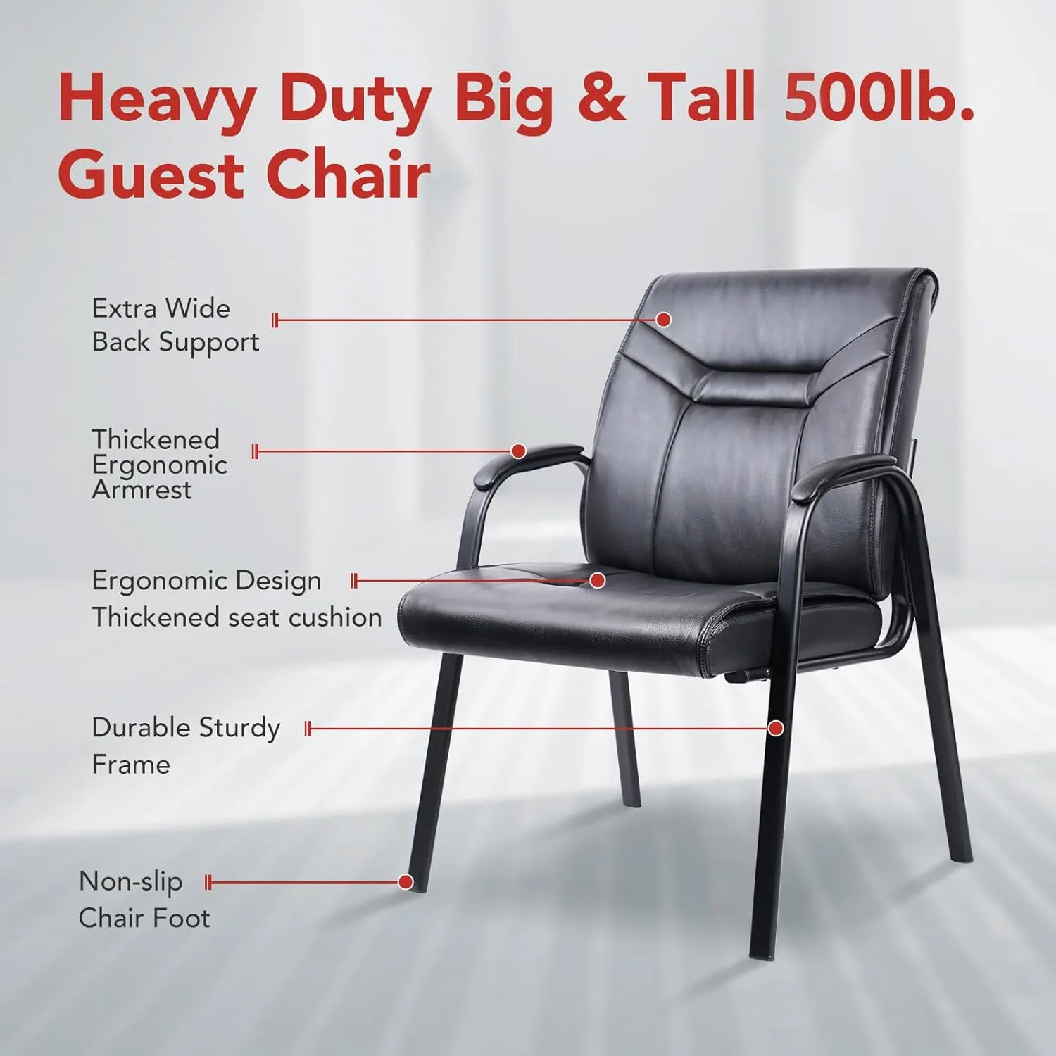 CLATINA Big Tall Wide Office Guest Chair Heavy Duty 500lbs Leather Comfy Side Reception Chairs with Arms No Wheels, Executive Bariatric Lobby Chair for Meeting Conference Waiting Room Stationary Black